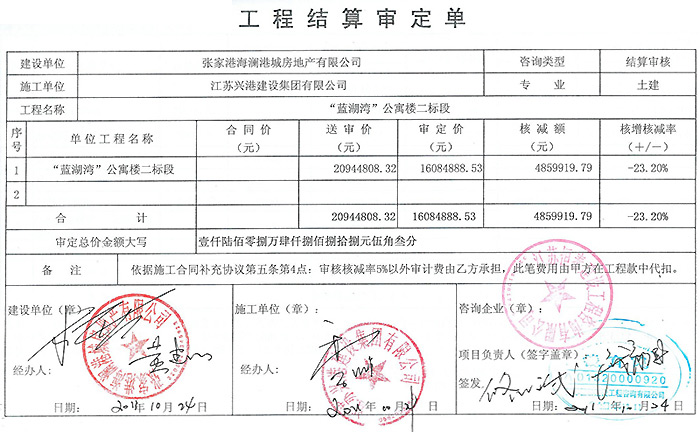 藍湖灣”公寓樓工程審定單